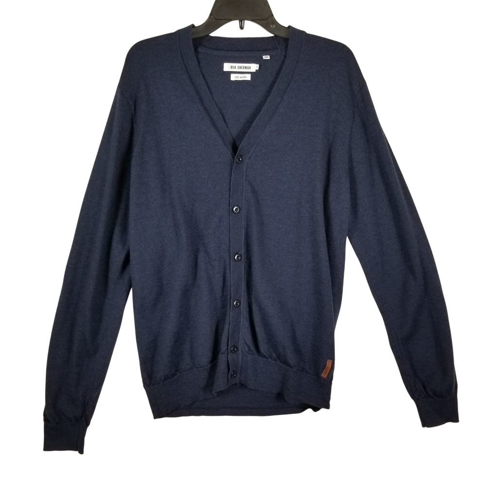 Ben Sherman Mens Navy Blue 100% Merino Wool V-Neck Button Cardigan Sweater XL
